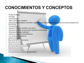  Puesto de trabajo:
 Concepto
 Componentes
 Útiles, elementos y mobiliario.
 Herramientas tecnológicas, manuales o automatizadas, utilizadas tanto para el recibo como para el despacho de
documentos.
 Computadores
 Aplicativo (Software, Workflow, entre otros)
 Impresora de matriz de puntos para radicación de documentos
 Reloj electrónico para radicación
 Internet e Intranet y Correo electrónico
 Fax, Escáner Conceptos de:
 Gestión documental
 Manual de Gestión Documental
 Documento de archivo
 Clases de documentos
 Documento electrónico de archivo.
 Soportes documentales.
 Comunicaciones oficiales.
 Correspondencia Unidad de correspondencia
 