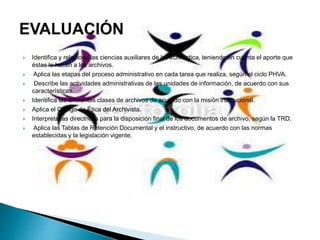  Identifica y relaciona las ciencias auxiliares de la Archivística, teniendo en cuenta el aporte que
éstas le hacen a los archivos.
 Aplica las etapas del proceso administrativo en cada tarea que realiza, según el ciclo PHVA.
 Describe las actividades administrativas de las unidades de información, de acuerdo con sus
características.
 Identifica las diferentes clases de archivos de acuerdo con la misión institucional.
 Aplica el Código de Ética del Archivista.
 Interpreta las directrices para la disposición final de los documentos de archivo, según la TRD.
 Aplica las Tablas de Retención Documental y el instructivo, de acuerdo con las normas
establecidas y la legislación vigente.
 