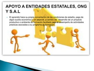  El aprendiz hace su propia concertación de las condiciones de estadía, pago de
algún auxilio económico o en especie, a cambio del desarrollo de un proyecto
productivo o ambiente de formación facilitado para el desempeño de actividades
prácticas asociadas a su programa de formación
 