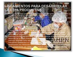 4. Registro de la Etapa productiva: Es su responsabilidad gestionar oportunamente su
registro en el Sistema de Gestión Virtual de Aprendices para poder optar por un
contrato de aprendizaje; el Aprendiz es responsable correspondan a los registrados
en el sistema para la gestión de la formación y consultar periódicamente las
oportunidades de contrato de aprendizaje que reportan los empresarios. Cuando el
Aprendiz opta por otra alternativa diferente al contrato de aprendizaje, esta debe
ser aprobada previamente por el Coordinador Académico del programa del
respectivo Centro de Formación y la información deberá registrarse inmediata y
directamente en el sistema para la gestión de la formación.
5. Seguimiento y evaluación de la etapa productiva: El seguimiento a la etapa
productiva es obligatorio y se realizará de manera virtual y presencial. Usted
elaborará una bitácora quincenal, en la que señalará las actividades adelantadas en
desarrollo de su etapa productiva en cualesquiera de las alternativas, para que el
instructor asignado como responsable pueda hacer seguimiento de acuerdo a los
indicadores establecidos en el procedimiento de ejecución de la formación,
garantizando una interacción continua entre usted y el instructor; esta actividad se
debe complementar con visitas o comunicación directa que realice el instructor.
 