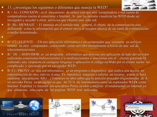 

13.-¿investigue los siguientes o diferentes que maneja la WED?



R = A).- CONEXIÓN : es el mecanismo de enlace con que una computadora o red cuenta de
computadoras cuenta al conectarse a Internet , lo que les permite visualizar las WED desde un
navegador y acceder a otros servicios que ofrecen asta esta red.
R= B).- MENSAJE : El mensaje en el sentido más general, el objeto de la comunicación esta
definiendo como la información que el emisor envía al receptor através de un canal de comunicación
o medio determinado.










R= C).- CLIENTE : ES una aplicación informática o un computador que consume un servicio
remoto en otro computador, conociendo como servidor normalmente a través de una red de
telecomunicaciones.
R= D) .- SERVIDOR: es un programa informático que procesa una aplicación de lado del servidor
realizando conexiones bidireccionales y o unidireccionales y sincronías con el cliente generado O
cediendo, una respuesta en cualquier lenguaje o aplicación al código recibido por el cliente sueles ser
complicado y ejecutado por un navegador WED.
R=E).- PROXY: es una red informático, es un programa o dispositivo que realiza una acción en
representación de otro, esto es, si una. Es hipotética maquina a solicita un recurso a una( lo hará
mediante una petición AB;) . ( Entonces no abra sabrá que la petición procedió originalmente de A.
un servidor Proxy es un equipo es que ACTUA de intermediario entre un explorador WED( como
Internet Explorer ) e Internet .los servidores Proxy ayudan a mejorar el rendimiento en Internet ya
que almacena una copia de las paginas WED mas utilizadas.

 