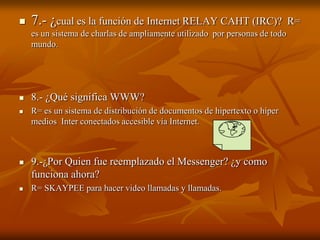 

7.- ¿cual es la función de Internet RELAY CAHT (IRC)?
es un sistema de charlas de ampliamente utilizado por personas de todo
mundo.



8.- ¿Qué significa WWW?



R= es un sistema de distribución de documentos de hipertexto o híper
medios Inter conectados accesible vía Internet.



9.-¿Por Quien fue reemplazado el Messenger? ¿y como
funciona ahora?



R= SKAYPEE para hacer video llamadas y llamadas.

R=

 