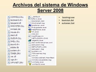 Archivos del sistema de Windows
Server 2008
• bootmgr.exe
• bootstat.dat
 autoexec.bat
 