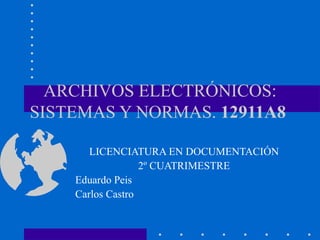 ARCHIVOS ELECTRÓNICOS: SISTEMAS Y NORMAS.  12911A8   LICENCIATURA EN DOCUMENTACIÓN 2º CUATRIMESTRE Eduardo Peis Carlos Castro 