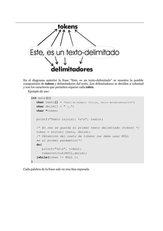 Este, es un texto-delimitado
tokens
delimitadores
En el diagrama anterior la frase "Este, es un texto-delimitado" se muestra la posible
composición de tokens y delimitadores del texto. Los delimitadores se deciden a voluntad
y son los caracteres que permiten separar cada token.
Ejemplo de uso:
int main(){
char texto[] = "Texto de ejemplo. Utiliza, varios delimitadoresnn";
char delim[] = " ,.";
char *token;
printf("Texto inicial: %sn", texto);
/* En res se guarda el primer texto delimitado (token) */
token = strtok( texto, delim);
/* Obtención del resto de tokens (se debe usar NULL
en el primer parámetro)*/
do{
printf("%sn", token);
token=strtok(NULL,delim);
}while(token != NULL );
}
Cada palabra de la frase sale en una lína separada.
 