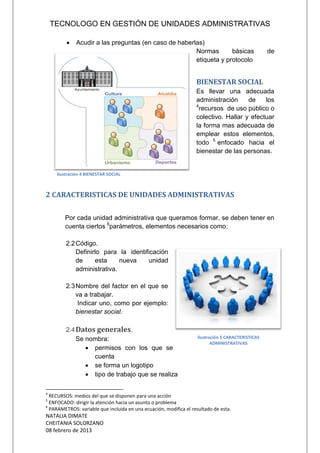 TECNOLOGO EN GESTIÓN DE UNIDADES ADMINISTRATIVAS
NATALIA DIMATE
CHEITANIA SOLORZANO
08 febrero de 2013
 Acudir a las preguntas (en caso de haberlas)
Normas básicas de
etiqueta y protocolo
BIENESTAR SOCIAL
Es llevar una adecuada
administración de los
4
recursos de uso público o
colectivo. Hallar y efectuar
la forma mas adecuada de
emplear estos elementos,
todo 5
enfocado hacia el
bienestar de las personas.
2 CARACTERISTICAS DE UNIDADES ADMINISTRATIVAS
Por cada unidad administrativa que queramos formar, se deben tener en
cuenta ciertos 6
parámetros, elementos necesarios como:
2.2Código.
Definirlo para la identificación
de esta nueva unidad
administrativa.
2.3Nombre del factor en el que se
va a trabajar.
Indicar uno, como por ejemplo:
bienestar social.
2.4Datos generales.
Se nombra:
 permisos con los que se
cuenta
 se forma un logotipo
 tipo de trabajo que se realiza
4
RECURSOS: medios del que se disponen para una acción
5
ENFOCADO: dirigir la atención hacia un asunto o problema
6
PARAMETROS: variable que incluida en una ecuación, modifica el resultado de esta.
Ilustración 4 BIENESTAR SOCIAL
Ilustración 5 CARACTERISTICAS
ADMINISTRATIVAS
 