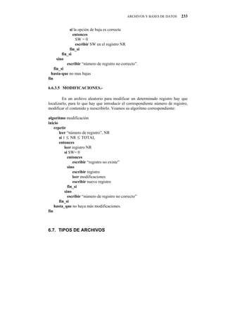 ARCHIVOS Y BASES DE DATOS     233


              si la opción de baja es correcta
                entonces
                  SW = 0
                  escribir SW en el registro NR
              fin_si
         fin_si
      sino
            escribir “número de registro no correcto”.
    fin_si
  hasta-que no mas bajas
fin

6.6.3.5" MODIFICACIONES.-

        En un archivo aleatorio para modificar un determinado registro hay que
localizarlo, para lo que hay que introducir el correspondiente número de registro,
modificar el contenido y reescribirlo. Veamos su algoritmo correspondiente:

algoritmo modificación
inicio
    repetir
       leer “número de registro”, NR
       si 1 ≤ NR ≤ TOTAL
       entonces
           leer registro NR
           si SW= 0
             entonces
                escribir “registro no existe”
             sino
                escribir registro
                leer modificaciones
                escribir nuevo registro
             fin_si
           sino
             escribir “número de registro no correcto”
       fin_si
    hasta_que no haya más modificaciones.
fin



8090" VKRQU"FG"CTEJKXQU
 