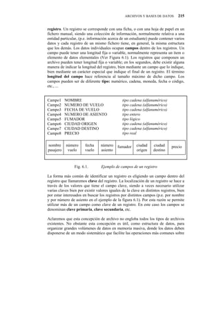 ARCHIVOS Y BASES DE DATOS         215


registro. Un registro se corresponde con una ficha, o con una hoja de papel en un
fichero manual, siendo una colección de información, normalmente relativa a una
entidad particular, (p.e. información acerca de un estudiante) puede contener varios
datos y cada registro de un mismo fichero tiene, en general, la misma estructura
que los demás. Los datos individuales ocupan campos dentro de los registros. Un
campo puede tener una longitud fija o variable, normalmente representa un ítem o
elemento de datos elementales (Ver Figura 6.1). Los registros que componen un
archivo pueden tener longitud fija o variable; en los segundos, debe existir alguna
manera de indicar la longitud del registro, bien mediante un campo que lo indique,
bien mediante un carácter especial que indique el final de un registro. El término
longitud del campo hace referencia al tamaño máximo de dicho campo. Los
campos pueden ser de diferente tipo: numérico, cadena, moneda, fecha o código,
etc., ...


Campo1     NOMBRE                              tipo cadena (alfanumérico)
Campo2     NUMERO DE VUELO                     tipo cadena (alfanumérico)
Campo3     FECHA DE VUELO                      tipo cadena (alfanumérico)
Campo4     NUMERO DE ASIENTO                   tipo entero
Campo5     FUMADOR                             tipo lógico
Campo6     CIUDAD ORIGEN                       tipo cadena (alfanumérico)
Campo7     CIUDAD DESTINO                      tipo cadena (alfanumérico)
Campo8     PRECIO                              tipo real

nombre     número      fecha     número     fumador     ciudad     ciudad     precio
pasajero    vuelo      vuelo     asiento                origen     destino



                 Fig. 6.1.        Ejemplo de campos de un registro

La forma más común de identificar un registro es eligiendo un campo dentro del
registro que llamaremos clave del registro. La localización de un registro se hace a
través de los valores que tiene el campo clave, siendo a veces necesario utilizar
varias claves bien por existir valores iguales de la clave en distintos registros, bien
por estar interesados en buscar los registros por distintos campos (p.e. por nombre
y por número de asiento en el ejemplo de la figura 6.1). Por esta razón se permite
utilizar más de un campo como clave de un registro. En este caso los campos se
denominan clave primaria, clave secundaria, etc.

Aclaremos que esta concepción de archivo no engloba todos los tipos de archivos
existentes. No obstante esta concepción es útil, como estructura de datos, para
organizar grandes volúmenes de datos en memoria masiva, donde los datos deben
disponerse de un modo sistemático que facilite las operaciones más comunes sobre
 