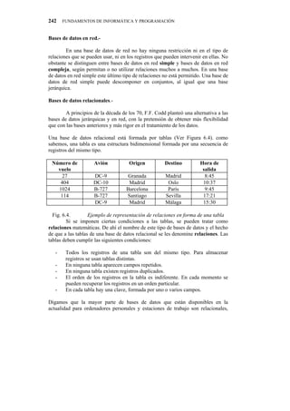 242    FUNDAMENTOS DE INFORMÁTICA Y PROGRAMACIÓN


Bases de datos en red.-

        En una base de datos de red no hay ninguna restricción ni en el tipo de
relaciones que se pueden usar, ni en los registros que pueden intervenir en ellas. No
obstante se distinguen entre bases de datos en red simple y bases de datos en red
compleja, según permitan o no utilizar relaciones muchos a muchos. En una base
de datos en red simple este último tipo de relaciones no está permitido. Una base de
datos de red simple puede descomponer en conjuntos, al igual que una base
jerárquica.

Bases de datos relacionales.-

        A principios de la década de los 70, F.F. Codd planteó una alternativa a las
bases de datos jerárquicas y en red, con la pretensión de obtener más flexibilidad
que con las bases anteriores y más rigor en el tratamiento de los datos.

Una base de datos relacional está formada por tablas (Ver Figura 6.4). como
sabemos, una tabla es una estructura bidimensional formada por una secuencia de
registros del mismo tipo.

 Número de           Avión            Origen           Destino         Hora de
   vuelo                                                                salida
     27              DC-9            Granada           Madrid            8:45
    404              DC-10           Madrid             Oslo            10:37
   1024              B-727          Barcelona           París            9:45
    114              B-727          Santiago           Sevilla          17:21
                     DC-9            Madrid            Málaga           15:30

  Fig. 6.4.        Ejemplo de representación de relaciones en forma de una tabla
         Si se imponen ciertas condiciones a las tablas, se pueden tratar como
relaciones matemáticas. De ahí el nombre de este tipo de bases de datos y el hecho
de que a las tablas de una base de datos relacional se les denomine relaciones. Las
tablas deben cumplir las siguientes condiciones:

   -    Todos los registros de una tabla son del mismo tipo. Para almacenar
        registros se usan tablas distintas.
   -    En ninguna tabla aparecen campos repetidos.
   -    En ninguna tabla existen registros duplicados.
   -    El orden de los registros en la tabla es indiferente. En cada momento se
        pueden recuperar los registros en un orden particular.
   -    En cada tabla hay una clave, formada por uno o varios campos.

Digamos que la mayor parte de bases de datos que están disponibles en la
actualidad para ordenadores personales y estaciones de trabajo son relacionales,
 