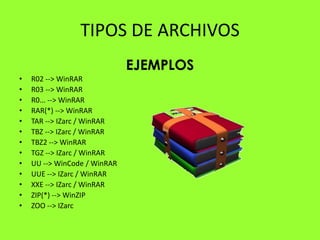 TIPOS DE ARCHIVOS
                              EJEMPLOS
•   R02 --> WinRAR
•   R03 --> WinRAR
•   R0... --> WinRAR
•   RAR(*) --> WinRAR
•   TAR --> IZarc / WinRAR
•   TBZ --> IZarc / WinRAR
•   TBZ2 --> WinRAR
•   TGZ --> IZarc / WinRAR
•   UU --> WinCode / WinRAR
•   UUE --> IZarc / WinRAR
•   XXE --> IZarc / WinRAR
•   ZIP(*) --> WinZIP
•   ZOO --> IZarc
 