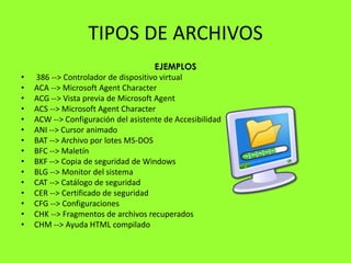 TIPOS DE ARCHIVOS
                                      EJEMPLOS
•   386 --> Controlador de dispositivo virtual
•   ACA --> Microsoft Agent Character
•   ACG --> Vista previa de Microsoft Agent
•   ACS --> Microsoft Agent Character
•   ACW --> Configuración del asistente de Accesibilidad
•   ANI --> Cursor animado
•   BAT --> Archivo por lotes MS-DOS
•   BFC --> Maletín
•   BKF --> Copia de seguridad de Windows
•   BLG --> Monitor del sistema
•   CAT --> Catálogo de seguridad
•   CER --> Certificado de seguridad
•   CFG --> Configuraciones
•   CHK --> Fragmentos de archivos recuperados
•   CHM --> Ayuda HTML compilado
 