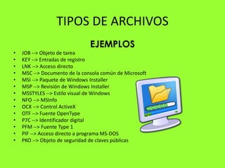 TIPOS DE ARCHIVOS
                               EJEMPLOS
•   JOB --> Objeto de tarea
•   KEY --> Entradas de registro
•   LNK --> Acceso directo
•   MSC --> Documento de la consola común de Microsoft
•   MSI --> Paquete de Windows Installer
•   MSP --> Revisión de Windows Installer
•   MSSTYLES --> Estilo visual de Windows
•   NFO --> MSInfo
•   OCX --> Control ActiveX
•   OTF --> Fuente OpenType
•   P7C --> Identificador digital
•   PFM --> Fuente Type 1
•   PIF --> Acceso directo a programa MS-DOS
•   PKO --> Objeto de seguridad de claves públicas
 