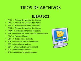TIPOS DE ARCHIVOS
                                EJEMPLOS
•   PMA --> Archivo del Monitor de sistema
•   PMC --> Archivo del Monitor de sistema
•   PML --> Archivo del Monitor de sistema
•   PMR --> Archivo del Monitor de sistema
•   PMW --> Archivo del Monitor de sistema
•   PNF --> Información de instalación precompilada
•   PSW --> Password Backup
•   QDS --> Directorio de consulta
•   RDP --> Conexión a Escritorio remoto
•   REG --> Entradas de registro
•   SCF --> Windows Explorer Command
•   SCR --> Protector de pantalla
•   SCT --> Windows Script Component
 