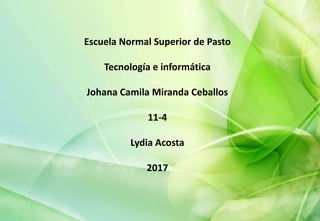 Escuela Normal Superior de Pasto
Tecnología e informática
Johana Camila Miranda Ceballos
11-4
Lydia Acosta
2017
 