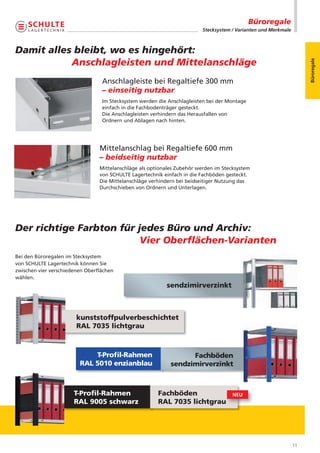 Büroregale
                                                                          Stecksystem / Varianten und Merkmale



Damit alles bleibt, wo es hingehört:
           Anschlagleisten und Mittelanschläge




                                                                                                                      Büroregale
                                  Anschlagleiste bei Regaltiefe 300 mm
                                  – einseitig nutzbar
                                  Im Stecksystem werden die Anschlagleisten bei der Montage
                                  einfach in die Fachbodenträger gesteckt.
                                  Die Anschlagleisten verhindern das Herausfallen von
                                  Ordnern und Ablagen nach hinten.




                                 Mittelanschlag bei Regaltiefe 600 mm
                                 – beidseitig nutzbar
                                 Mittelanschläge als optionales Zubehör werden im Stecksystem
                                 von SCHULTE Lagertechnik einfach in die Fachböden gesteckt.
                                 Die Mittelanschläge verhindern bei beidseitiger Nutzung das
                                 Durchschieben von Ordnern und Unterlagen.




Der richtige Farbton für jedes Büro und Archiv:
                          Vier Oberﬂächen-Varianten
Bei den Büroregalen im Stecksystem
von SCHULTE Lagertechnik können Sie
zwischen vier verschiedenen Oberflächen
wählen.
                                                           sendzimirverzinkt



                        kunststoffpulverbeschichtet
                        RAL 7035 lichtgrau



                             T-Proﬁl-Rahmen                        Fachböden
                         RAL 5010 enzianblau                 sendzimirverzinkt



                       T-Proﬁl-Rahmen                   Fachböden                     NEU
                       RAL 9005 schwarz                 RAL 7035 lichtgrau




                                                                                                                 11
 
