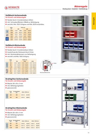 Büroregale
                                                                                                                     Stecksystem / Zubehör / Verkleidung



Vollblech-Seitenwände
für Grund- und Anbauregale




                                                                                                                                                                Büroregale
n flexibel durch 2 kombinierbare Höhen
n inkl. Schrauben/Muttern M6x8 zur Befestigung
n verzinkt, RAL 7035 lichtgrau und RAL 5010 enzianblau

              Höhe                          Tiefe mm
               mm                 300                      600
               1.050      12536         7,86 €     12539      13,93 €
   verz.




               1.300      12430      10,21 €       12433      18,13 €
               1.050      32516         9,37 €     32519      15,39 €
7035
RAL




               1.300      32440      12,18 €       32443      20,00 €
               1.050     32516-B        9,37 €    32519-B     15,39 €
5010
RAL




               1.300     32440-B     12,18 €      32443-B     20,00 €




Vollblech-Rückwände
für Grund- und Anbauregale
n flexibel durch 3 kombinierbare Höhen
n Aussteifung der Rückwand durch Sicke
n inkl. Rückwandklammern zur Befestigung
n verzinkt und RAL 7035 lichtgrau

             Höhe                                Breite mm
             mm              750                  1.000                 1.300
              500       12544      8,64 €    12542 11,61 €       12547 15,11 €                               Sicke
  verzinkt




              800       12551 13,94 €        12549 18,59 €       12550 24,16 €

             1.000      12545 16,83 €        12543 22,02 €       12548 28,63 €

              500       32526      9,73 €    32522 13,07 €       32547 17,00 €
RAL 7035
lichtgrau




              800       32551 15,68 €        32549 16,68 €       32550 27,19 €

             1.000      32527 18,24 €        32523 23,11 €       32548 30,04 €             Rückwandklammer




Drahtgitter-Seitenwände
für Grund- und Anbauregale
n Masche 50 x 50 x 3 mm
n inkl. Befestigungshaken
n glanzverzinkt

             Tiefe     für Regaltiefe
                                             Höhe 1.950 mm
              mm            mm
  verzinkt




              200           300             12453-A        20,18 €

              500           600             12459-A        28,84 €




Drahtgitter-Rückwände
für Grund- und Anbauregale
n Masche 50 x 50 x 3 mm
n inkl. Befestigungshaken
n glanzverzinkt

             Breite    für Regalbreite
                                             Höhe 1.000 mm              Höhe 1.950 mm
              mm             mm

              650           750             12448-D        18,30 €   12448-A     33,18 €
  verzinkt




              900          1.000            12451-D        23,37 €   12451-A     42,99 €

             1.200         1.300            12452-D        29,43 €   12452-A     54,71 €




                                                                                                                                                           19
 