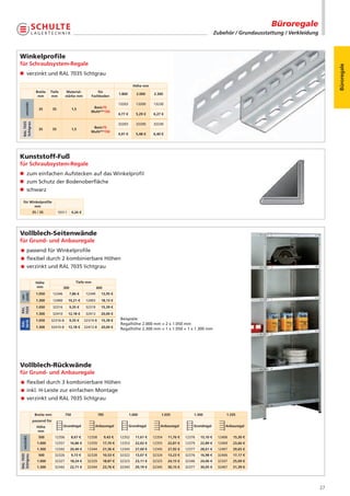 Büroregale
                                                                                                                                          Zubehör / Grundausstattung / Verkleidung



Winkelproﬁle
für Schraubsystem-Regale




                                                                                                                                                                                          Büroregale
n verzinkt und RAL 7035 lichtgrau

                                                                                          Höhe mm
                  Breite   Tiefe        Material-              für
                                                                               1.800        2.000    2.300
                   mm       mm         stärke mm           Fachboden

                                                                               13203        13200    13230
     verzinkt




                                                          Basic70
                    35        35             1,5
                                                         Multiplus150
                                                                               4,77 €       5,29 €   6,27 €
 RAL 7035
 lichtgrau




                                                                               32203        32200    32230
                                                          Basic70
                    35        35             1,5
                                                         Multiplus150
                                                                               4,91 €       5,48 €   6,40 €




Kunststoff-Fuß
für Schraubsystem-Regale
n zum einfachen Aufstecken auf das Winkelprofil
n zum Schutz der Bodenoberfläche
n schwarz

  für Winkelproﬁle
        mm
                35 / 35            10311     0,26 €




Vollblech-Seitenwände
für Grund- und Anbauregale
 passend für Winkelprofile
 flexibel durch 2 kombinierbare Höhen
 verzinkt und RAL 7035 lichtgrau

                  Höhe                          Tiefe mm
                   mm                 300                     600
                  1.050       12346         7,86 €    12349      13,95 €
zinkt
 ver-




                  1.300       12400        10,21 €    12403      18,13 €
                  1.050       32316         9,35 €    32319      15,39 €
7035
RAL




                  1.300       32410        12,18 €    32413      20,00 €
                  1.050    32316-B          9,35 €    32319-B    15,39 €        Beispiele:
5010
RAL




                                                                                Regalhöhe 2.000 mm = 2 x 1.050 mm
                  1.300    32410-B         12,18 €    32413-B    20,00 €
                                                                                Regalhöhe 2.300 mm = 1 x 1.050 + 1 x 1.300 mm




Vollblech-Rückwände
für Grund- und Anbauregale
 flexibel durch 3 kombinierbare Höhen
 inkl. H-Leiste zur einfachen Montage
 verzinkt und RAL 7035 lichtgrau


                 Breite mm             750                      785                     1.000            1.035              1.300              1.335
                passend für
                  Höhe                Grundregal            Anbauregal                  Grundregal       Anbauregal         Grundregal         Anbauregal
                   mm
                    500        12356         8,67 €    12358          9,43 €    12352      11,61 €   12354    11,76 €   12376   15,10 €    12406   15,30 €
  verzinkt




                   1.000       12357        16,86 €    12359        17,70 €     12353      22,02 €   12355    22,81 €   12379   22,89 €    12409   23,66 €
                   1.300       12342        20,40 €    12344        21,36 €     12343      27,00 €   12345    27,92 €   12377   28,61 €    12407   29,65 €
                    500        32326         9,73 €    32328        10,53 €     32322      13,07 €   32324    13,23 €   32376   16,98 €    32406   17,17 €
RAL 7035
lichtgrau




                   1.000       32327        18,24 €    32329        18,87 €     32323      23,11 €   32325    24,15 €   32346   24,06 €    32347   25,09 €
                   1.300       32342        22,71 €    32344        23,76 €     32343      29,19 €   32345    30,15 €   32377   30,05 €    32407   31,39 €




                                                                                                                                                                                     27
 