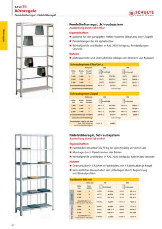 Büroregale
                  Pendelhefterregal · Fädelstäberegal


                                                        Pendelhefterregal, Schraubsystem
                                                        Aussteifung durch Eckwinkel
Büroregale




                                                        Eigenschaften
                                                        n passend für die gängigsten Hefter-Systeme (Elba/Leitz oder Zippel)
                                                        n Pendelstangen bis 45 kg belastbar
                                                        n Winkelprofile und Böden in RAL 7035 lichtgrau, Pendelstangen
                                                          verzinkt
                                                        Nutzen
                                                        n platzsparende und übersichtliche Ablage von Ordnern und Mappen

                                                        Schraubsystem Elba/Leitz
                                                                                           Tiefe mm               350                              350
                                                             Höhe                 Breite    Pendel-
                                                                                                                 Grundregal                      Anbauregal
                                                              mm                   mm       stangen
                                                             1.800                1.000        5           30670           175,14 €           30675         142,47 €
                                                             2.000                1.000        6           30671           202,11 €           30676         164,96 €
                                                             2.300                1.000        7           30672           236,61 €           30677         191,21 €
                                                        Zusatzpendelstange komplett                      30670-E            24,72 €          30670-F         21,37 €
                                                                 extraschwere Pendelstange                                     auf Anfrage


                                                        Schraubsystem Zippel
                                                                                           Tiefe mm               350                              350
                                                             Höhe                 Breite    Pendel-
                                                                                                                 Grundregal                      Anbauregal
                                                              mm                   mm       stangen
                                                             1.800                1.000        5         30670-Z           202,59 €          30675-Z        169,92 €
                                                             2.000                1.000        6         30671-Z           235,05 €          30676-Z        197,89 €
                                                             2.300                1.000        7         30672-Z           275,03 €          30677-Z        229,63 €
                                                        Zusatzpendelstange komplett                      30670-G            30,21 €      30670-H             26,86 €
                                                                 extraschwere Pendelstange                                     auf Anfrage

                                                        Zusatzboden 1.000 x 350 mm
                                                                  RAL 7035 lichtgrau                   31431-A              10,88 €
                                                             mit 4 Fachbodenträgern




                                                        Fädelstäberegal, Schraubsystem
                                                        Aussteifung durch Eckwinkel

                                                        Eigenschaften
                                                        n Fachböden belastbar bis 70 kg bei gleichmäßig verteilter Last
                                                        n Montage durch Verschrauben der Böden
                                                        n Winkelprofile und Böden in RAL 7035 lichtgrau, Fädelstäbe verzinkt
                                                        Nutzen
                                                        n Ordnung durch 3 Fächer je Fachboden, mit 4 Fädelstäben je Regal
                                                        n kein seitliches Herausfallen der Unterlagen durch Begrenzung
                                                          mit Winkelprofilen

                                                        Fachbreite 900 mm
                                                                                            Tiefe mm               350                             350
                                                                               Höhe         Fach-
                                                                                                                  Grundregal                      Anbauregal
                                                                                mm          böden
                                                                               1.800           5        10700            85,76 €        10705            69,74 €
                                                                               2.000           6        10701            98,82 €        10706            81,24 €
                                                         verzinkt




                                                                               2.300           7        10702            121,74 €       10707            99,39 €

                                                                                 Zusatzboden mit
                                                                                                       11414-A           10,50 €       11414-A           10,50 €
                                                                              8 Schrauben / Muttern
                                                         RAL 7035 lichtgrau




                                                                               1.800           5        30690            94,04 €        30695            77,74 €
                                                                               2.000           6        30691            108,77 €       30696            90,84 €
                                                                               2.300           7        30692            129,53 €       30697            107,55 €
                                                                                 Zusatzboden mit
                                                                                                       31404-A           12,04 €       31404-A           12,04 €
                                                                              8 Schrauben / Muttern



             30
 