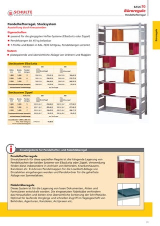 Büroregale
                                                                                        Pendelhefterregal


Pendelhefterregal, Stecksystem
Aussteifung durch Kreuzstreben




                                                                                                                 Büroregale
Eigenschaften
n passend für die gängigsten Hefter-Systeme (Elba/Leitz oder Zippel)
n Pendelstangen bis 45 kg belastbar
n T-Profile und Böden in RAL 7035 lichtgrau, Pendelstangen verzinkt

Nutzen
n platzsparende und übersichtliche Ablage von Ordnern und Mappen


Stecksystem Elba/Leitz
                    Tiefe mm              350                          350
 Höhe      Breite    Pendel-
                                         Grundregal                  Anbauregal
 mm         mm       stangen
 1.800     1.000        5        30610-N         219,81 €       30613-N      184,63 €
 2.000     1.000        6        30611-N         250,52 €       30614-N      212,75 €
 2.300     1.000        7        30612-N         284,50 €       30615-N      242,52 €
Zusatzpendelstange komplett      30616-N          25,55 €       30616-N       25,55 €
  extraschwere Pendelstange                           auf Anfrage


Stecksystem Zippel
                    Tiefe mm              350                          350
 Höhe      Breite    Pendel-
                                         Grundregal                  Anbauregal
 mm         mm       stangen
 1.800     1.000        5      30610-N-Z         252,38 €      30613-N-Z     217,20 €
 2.000     1.000        6      30611-N-Z         289,60 €      30614-N-Z     251,84 €
 2.300     1.000        7      30612-N-Z         330,09 €      30615-N-Z     288,11 €
Zusatzpendelstange komplett    30616-N-Z          32,05 €      30616-N-Z      32,05 €
  extraschwere Pendelstange                           auf Anfrage

Zusatzboden 1.000 x 350 mm
          RAL 7035 lichtgrau   31431-B            10,88 €
     mit 4 Fachbodenträgern




              Einsatzgebiete für Pendelhefter- und Fädelstäberegal

  Pendelhefterregale
  Einsatzbereich für diese speziellen Regale ist die hängende Lagerung von
  Pendeltaschen der beiden Systeme von Elba/Leitz oder Zippel. Verwendung
  finden diese insbesondere in Archiven von Behörden, Krankenhäusern,
  Kanzleien etc. Es können Pendelmappen für die Loseblatt-Ablage von
  Einzelakten eingehangen werden und Pendelordner für die geheftete
  Ablage von Sammelakten.


  Fädelstäberegale
  Dieses System ist für die Lagerung von losen Dokumenten, Akten und
  Formularen entwickelt worden. Die eingesetzten Fädelstäbe verhindern
  das Herausfallen und bieten eine übersichtliche Sortierung der Schriftstücke.
  Optimal für laufende Vorgänge und schnellen Zugriff im Tagesgeschäft von
  Behörden, Agenturen, Kanzleien, Arztpraxen etc.




                                                                                                            31
 
