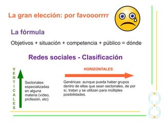 La gran elección: por favooorrrr
La fórmula
Objetivos + situación + competencia + público = dónde
Redes sociales - Clasificación
V
E
R
T
I
C
A
L
E
S
HORIZONTALES
Sectoriales:
especializadas
en alguna
materia (vídeo,
profesión, etc)
Genéricas: aunque pueda haber grupos
dentro de ellas que sean sectoriales, de por
sí, tratan y se utilizan para múltiples
posibilidades.
 