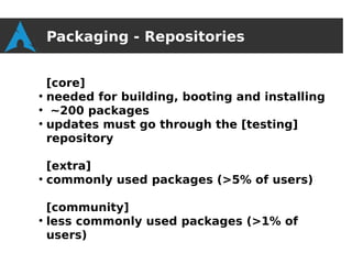 Packaging - Repositories


    [core]
●
    needed for building, booting and installing
●
     ~200 packages
●
    updates must go through the [testing]
    repository

    [extra]
●
    commonly used packages (>5% of users)

    [community]
●
    less commonly used packages (>1% of
    users)
 