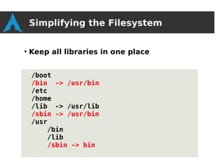 Simplifying the Filesystem

●
    Keep all libraries in one place


    /boot
    /bin -> /usr/bin
    /etc
    /home
    /lib -> /usr/lib
    /sbin -> /usr/bin
    /usr
        /bin
        /lib
        /sbin -> bin
 
