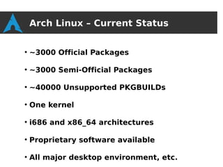 Arch Linux – Current Status

●
    ~3000 Official Packages

●
    ~3000 Semi-Official Packages

●
    ~40000 Unsupported PKGBUILDs

●
    One kernel

●
    i686 and x86_64 architectures

●
    Proprietary software available

●
    All major desktop environment, etc.
 