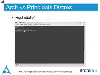 Arch vs Principais Distros
  • Aqui não! :-)




      Arch Linux: simplicidade, eficiência e eficácia juntos em uma distribuição
 