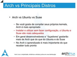 Arch vs Principais Distros

  • Arch vs Ubuntu vs Suse

     – Se você gosta de compilar seus próprios kernels,
       Arch é mais apropriado
     – Instalar e utilizar sem fazer configuração, o Ubuntu e
       Suse são mais adequados
     – Em geral desenvolvedores e ' fuçadores' gostarão
       mais de Arch que do que do Ubuntu e do Suse
     – No Arch o aprendizado é mais importante do que
       receber tudo pronto


     Arch Linux: simplicidade, eficiência e eficácia juntos em uma distribuição
 