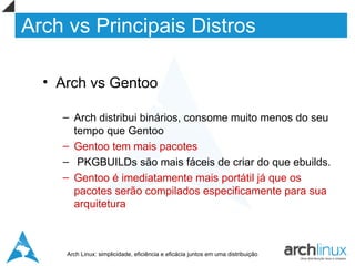 Arch vs Principais Distros

  • Arch vs Gentoo

    – Arch distribui binários, consome muito menos do seu
      tempo que Gentoo
    – Gentoo tem mais pacotes
    – PKGBUILDs são mais fáceis de criar do que ebuilds.
    – Gentoo é imediatamente mais portátil já que os
      pacotes serão compilados especificamente para sua
      arquitetura



     Arch Linux: simplicidade, eficiência e eficácia juntos em uma distribuição
 