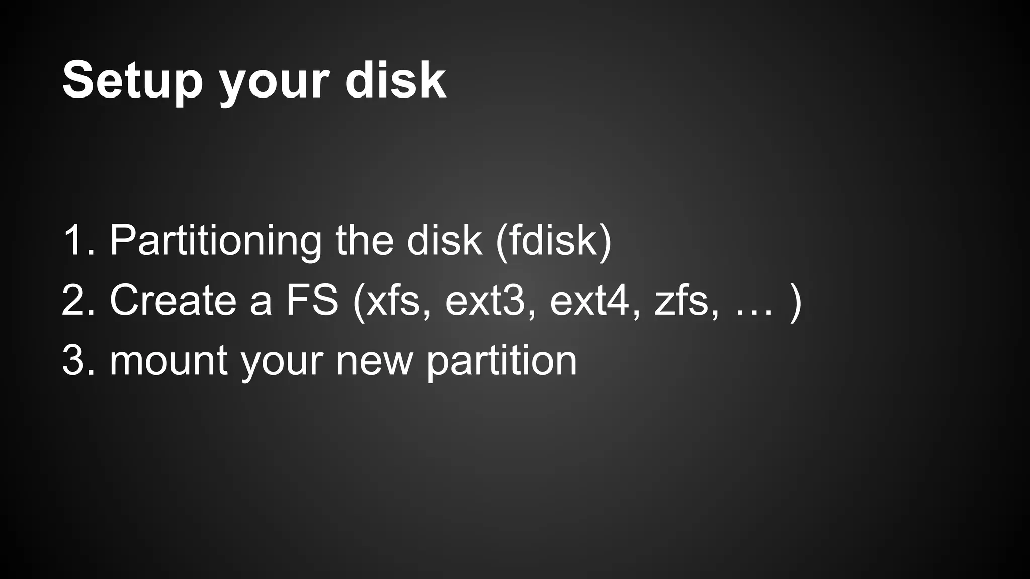 Setup your disk
1. Partitioning the disk (fdisk)
2. Create a FS (xfs, ext3, ext4, zfs, … )
3. mount your new partition

 