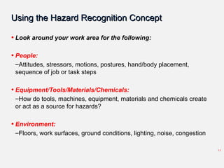 Using the Hazard Recognition ConceptUsing the Hazard Recognition Concept
• Look around your work area for the following:
• People:
–Attitudes, stressors, motions, postures, hand/body placement,
sequence of job or task steps
• Equipment/Tools/Materials/Chemicals:
–How do tools, machines, equipment, materials and chemicals create
or act as a source for hazards?
• Environment:
–Floors, work surfaces, ground conditions, lighting, noise, congestion
11
 