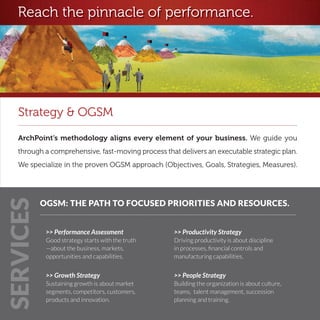 Reach the pinnacle of performance.




   Strategy & OGSM
   ArchPoint’s methodology aligns every element of your business. We guide you
   through a comprehensive, fast-moving process that delivers an executable strategic plan.
   We specialize in the proven OGSM approach (Objectives, Goals, Strategies, Measures).
SERVICES




           OGSM: THE PATH TO FOCUSED PRIORITIES AND RESOURCES.


            >> Performance Assessment               >> Productivity Strategy
            Good strategy starts with the truth     Driving productivity is about discipline
            —about the business, markets,           in processes, financial controls and
            opportunities and capabilities.         manufacturing capabilities.


            >> Growth Strategy                      >> People Strategy
            Sustaining growth is about market       Building the organization is about culture,
            segments, competitors, customers,       teams, talent management, succession
            products and innovation.                planning and training.
 
