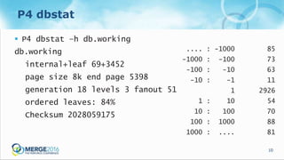 10
P4 dbstat
 P4 dbstat –h db.working
db.working
internal+leaf 69+3452
page size 8k end page 5398
generation 18 levels 3 fanout 51
ordered leaves: 84%
Checksum 2028059175
.... : -1000 85
-1000 : -100 73
-100 : -10 63
-10 : -1 11
1 2926
1 : 10 54
10 : 100 70
100 : 1000 88
1000 : .... 81
 