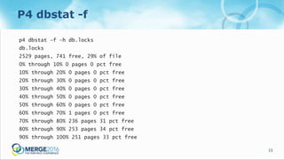 11
P4 dbstat -f
p4 dbstat –f –h db.locks
db.locks
2529 pages, 741 free, 29% of file
0% through 10% 0 pages 0 pct free
10% through 20% 0 pages 0 pct free
20% through 30% 0 pages 0 pct free
30% through 40% 0 pages 0 pct free
40% through 50% 0 pages 0 pct free
50% through 60% 0 pages 0 pct free
60% through 70% 1 pages 0 pct free
70% through 80% 236 pages 31 pct free
80% through 90% 253 pages 34 pct free
90% through 100% 251 pages 33 pct free
 