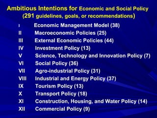 Ambitious IInntteennttiioonnss ffoorr Economic and Social Policy 
(291 guidelines, goals, or recommendations) 
I Economic Management Model (38) 
II Macroeconomic Policies (25) 
III External Economic Policies (44) 
IV Investment Policy (13) 
V Science, Technology and Innovation Policy (7) 
VI Social Policy (36) 
VII Agro-industrial Policy (31) 
VIII Industrial and Energy Policy (37) 
IX Tourism Policy (13) 
X Transport Policy (18) 
XI Construction, Housing, and Water Policy (14) 
XII Commercial Policy (9) 
 