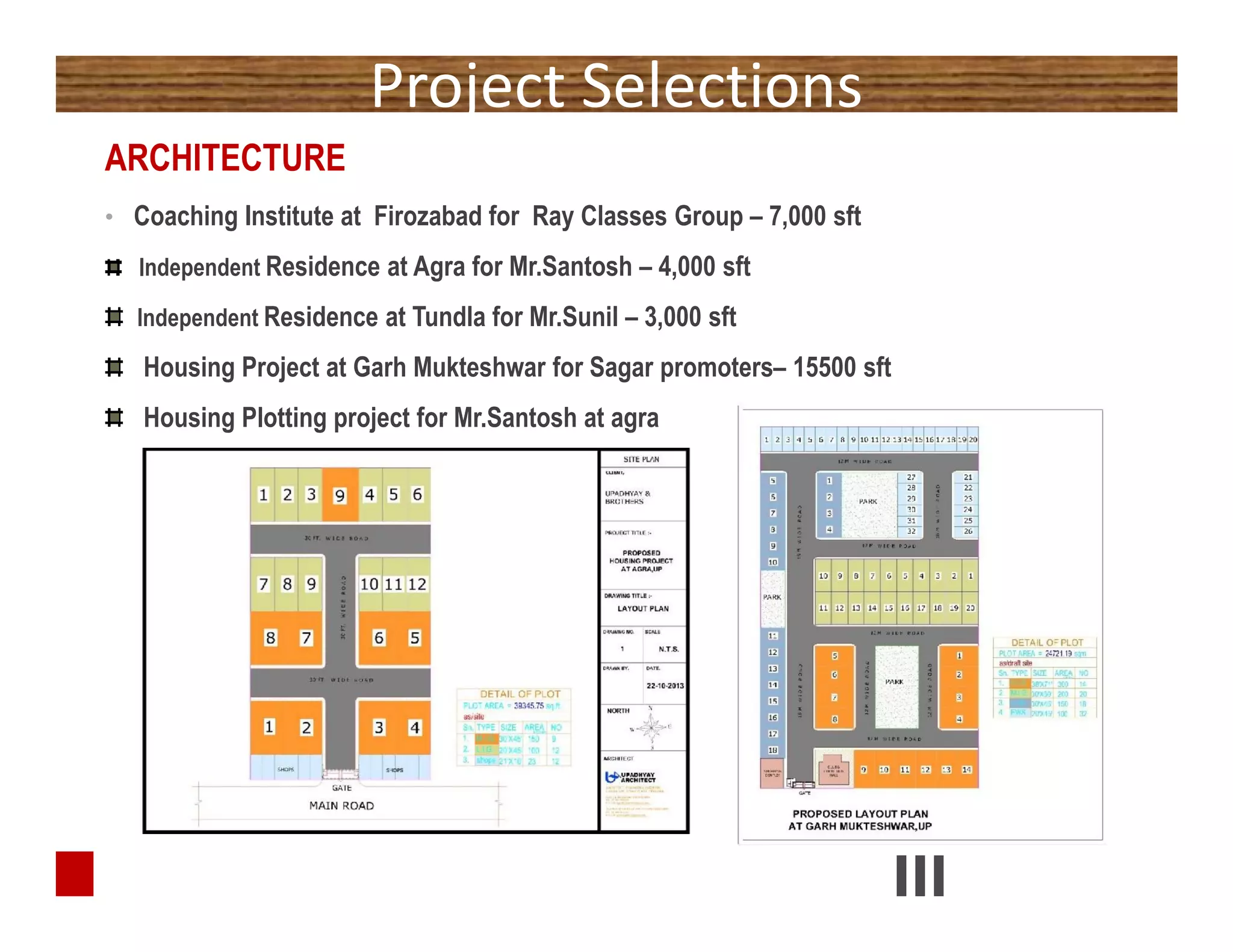 Project Selections
ARCHITECTURE
• Coaching Institute at Firozabad for Ray Classes Group – 7,000 sft
Independent Residence at Agra for Mr.Santosh – 4,000 sft
Independent Residence at Tundla for Mr.Sunil – 3,000 sft
Housing Project at Garh Mukteshwar for Sagar promoters– 15500 sft
Housing Plotting project for Mr.Santosh at agra
ARCHITECTURE
• Coaching Institute at Firozabad for Ray Classes Group – 7,000 sft
Independent Residence at Agra for Mr.Santosh – 4,000 sft
Independent Residence at Tundla for Mr.Sunil – 3,000 sft
Housing Project at Garh Mukteshwar for Sagar promoters– 15500 sft
Housing Plotting project for Mr.Santosh at agra
 