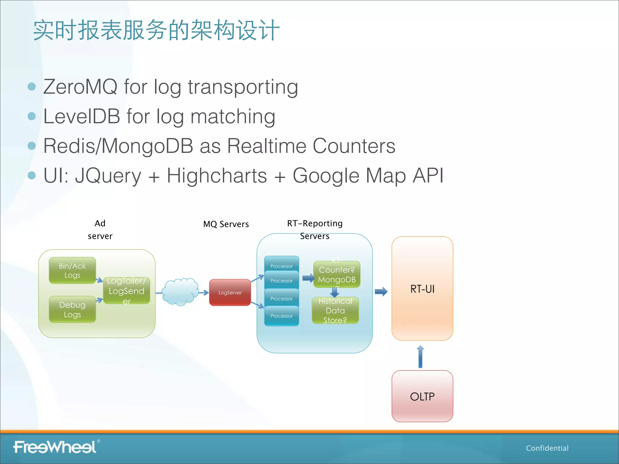 实时报表服务的架构设计

• ZeroMQ for log transporting
• LevelDB for log matching
• Redis/MongoDB as Realtime Counters
• UI: JQuery + Highcharts + Google Map API
               Ad             MQ Servers           RT-Reporting
             server                                  Servers

                                                           RT-
   Bin/Ack                                   Processor
                                                         Counter?
     Logs
                 LogTailer/                  Processor   MongoDB
                 LogSend         LogServer                  ?         RT-UI
                                             Processor
   Debug            er                                   Historical
    Logs                                                   Data
                                             Processor
                                                          Store?




                                                                      OLTP



                                                                              Confidential
 