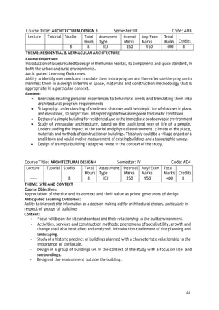 22
Course Title: ARCHITECTURALDESIGN 3 Semester: III Code: AD3
Lecture Tutorial Studio Total
Hours
Assessment
Type
Internal
Marks
Jury/Exam
Marks
Total
Marks Credits
8 8 IEJ 250 150 400 8
THEME: RESIDENTIAL & VERNACULAR ARCHITECTURE
Course Objectives:
Introduction of issues related to design ofthe human habitat, its components and space standard, in
both the urban andrural environments.
Anticipated Learning Outcomes:
Ability to identify user needs and translate them into a program and thereafter use the program to
manifest them in a design in terms of space, materials and construction methodology that is
appropriate in a particular context.
Content:
• Exercises relating personal experiences to behavioral needs and translating them into
architectural program requirements
• Sciagraphy: understanding ofshade and shadows and their depiction ofshadows in plans
and elevations, 3D projections. Interpreting shadows as response to climatic conditions.
• Designofasimplebuildingforresidential useintheimmediateorobservableenvironment
• Study of vernacular architecture, based on the traditional way of life of a people.
Understanding the impact of the social and physical environment, climate of the place,
materials and methods of construction on buildings. This study could be a village or part of a
small town and would involve measurement ofexisting buildings and a topographic survey.
• Design of a simple building /adaptive reuse in the context ofthe study.
Course Title: ARCHITECTURAL DESIGN 4 Semester: IV Code: AD4
Lecture Tutorial Studio Total
Hours
Assessment
Type
Internal
Marks
Jury/Exam
Marks
Total
Marks Credits
----- 8 8 IEJ 250 150 400 8
THEME: SITE AND CONTEXT
Course Objectives:
Appreciation of the site and its context and their value as prime generators of design
Anticipated Learning Outcomes:
Ability to interpret site information as a decision-making aid for architectural choices, particularly in
respect of groups of buildings
Content:
• Focus will be onthe site and context andtheir relationship tothe built environment.
• Activities, services and construction methods, phenomena of social utility, growth and
change shall also be studied and analyzed. Introduction to element of site planning and
landscaping.
• Study of a historic precinct of buildings planned with a characteristic relationship to the
importance of the locale.
• Design of a group of buildings set in the context of the study with a focus on site and
surroundings.
• Design of the environment outside thebuilding.
 
