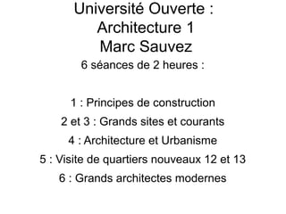 Université Ouverte :
Architecture 1
Marc Sauvez
6 séances de 2 heures :
1 : Principes de construction
2 et 3 : Grands sites et courants
4 : Architecture et Urbanisme
5 : Visite de quartiers nouveaux 12 et 13
6 : Grands architectes modernes
 