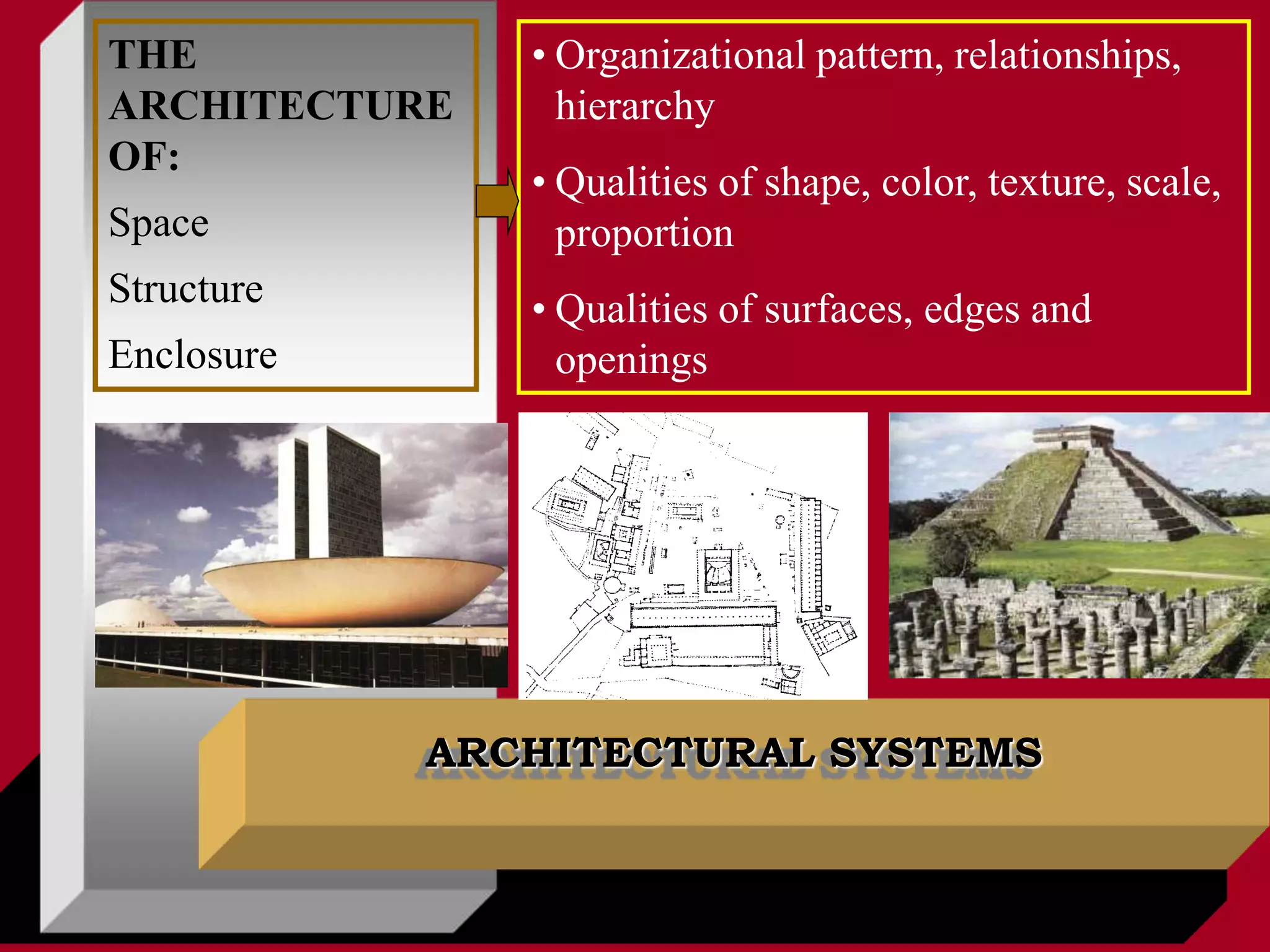 ARCHITECTURAL SYSTEMS
THE
ARCHITECTURE
OF:
Space
Structure
Enclosure
• Organizational pattern, relationships,
hierarchy
• Qualities of shape, color, texture, scale,
proportion
• Qualities of surfaces, edges and
openings
 