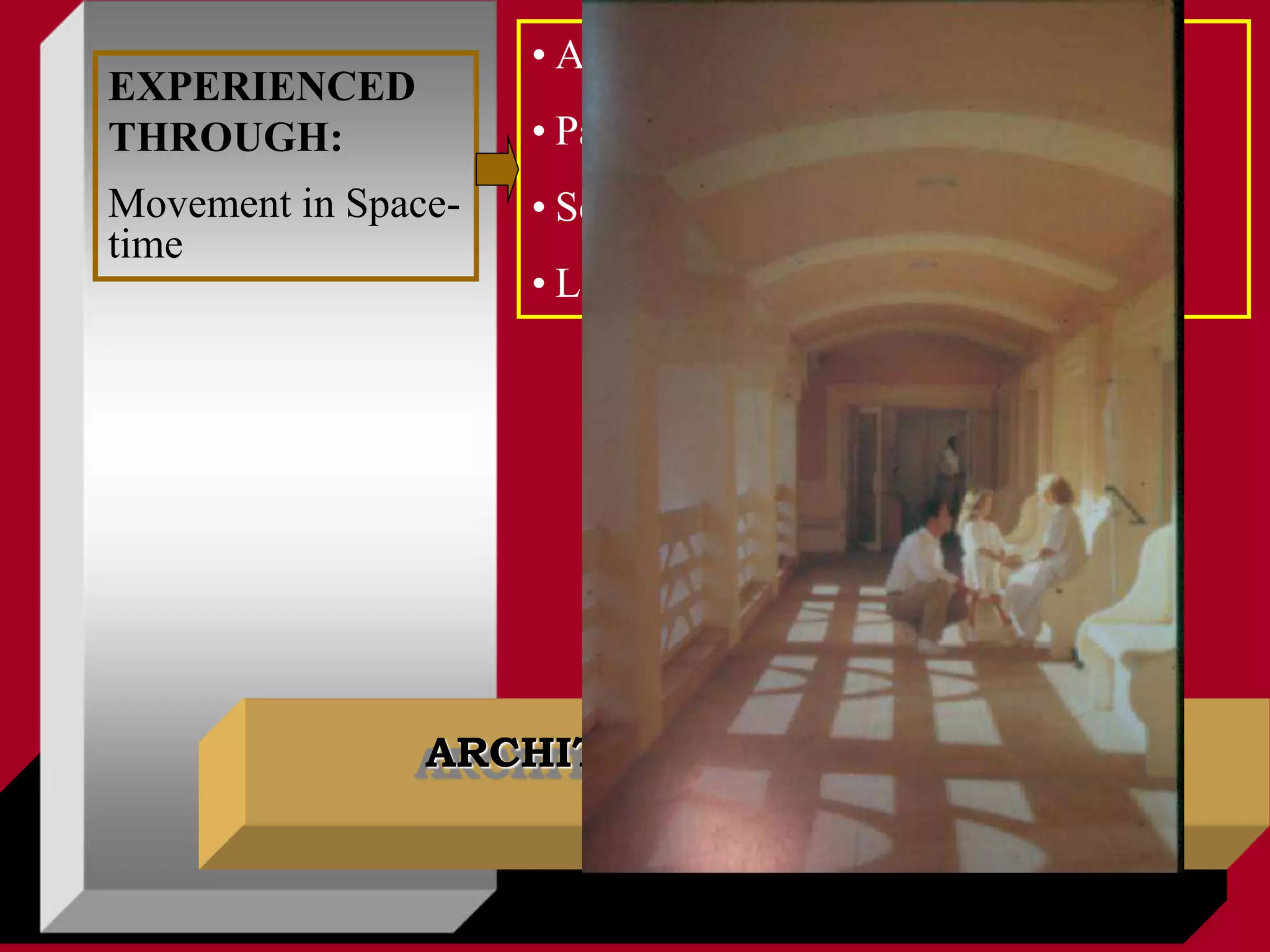 ARCHITECTURAL SYSTEMS
EXPERIENCED
THROUGH:
Movement in Space-
time
• Approach and entry
• Path configuration and access
• Sequence of spaces
• Light, view, touch, hearing and smell
 