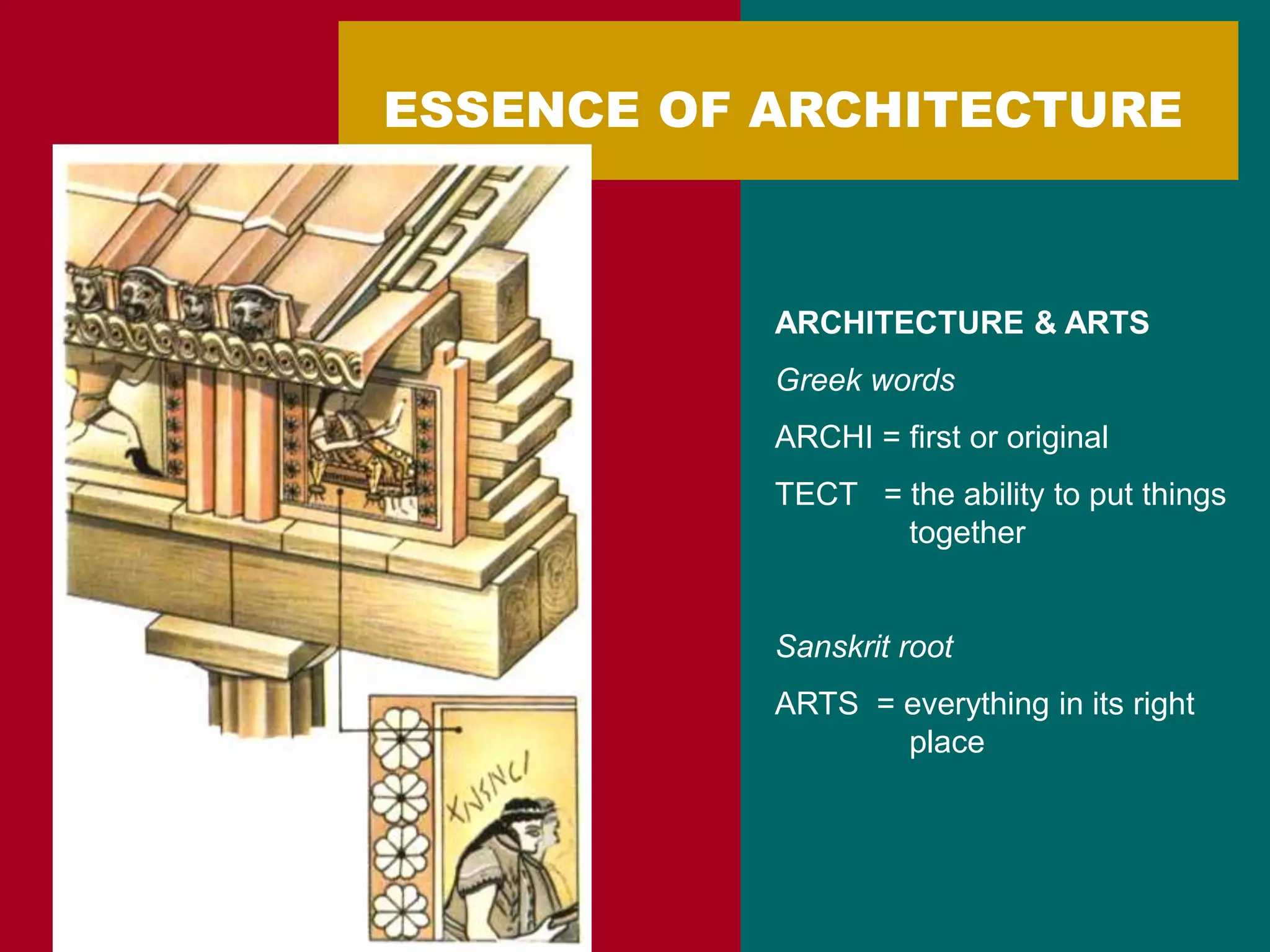 ESSENCE OF ARCHITECTURE
ARCHITECTURE & ARTS
Greek words
ARCHI = first or original
TECT = the ability to put things
together
Sanskrit root
ARTS = everything in its right
place
 