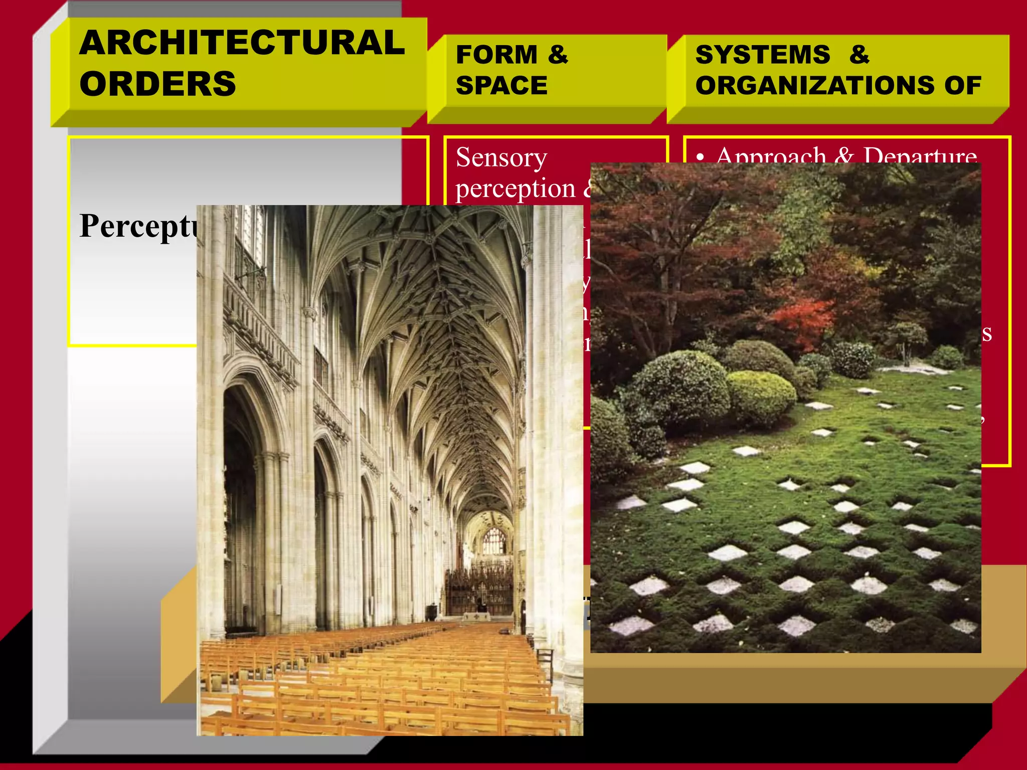 ARCHITECTURAL ORDERS
ARCHITECTURAL
ORDERS
FORM &
SPACE
SYSTEMS &
ORGANIZATIONS OF
Perceptual
Sensory
perception &
recognition of
the physical
elements by
experiencing
them sequentially
in time
• Approach & Departure
• Entry & Egress
• Movement through the
order of spaces
• Functioning of activities
within spaces
• Qualities of light, color,
texture, view & sound
 