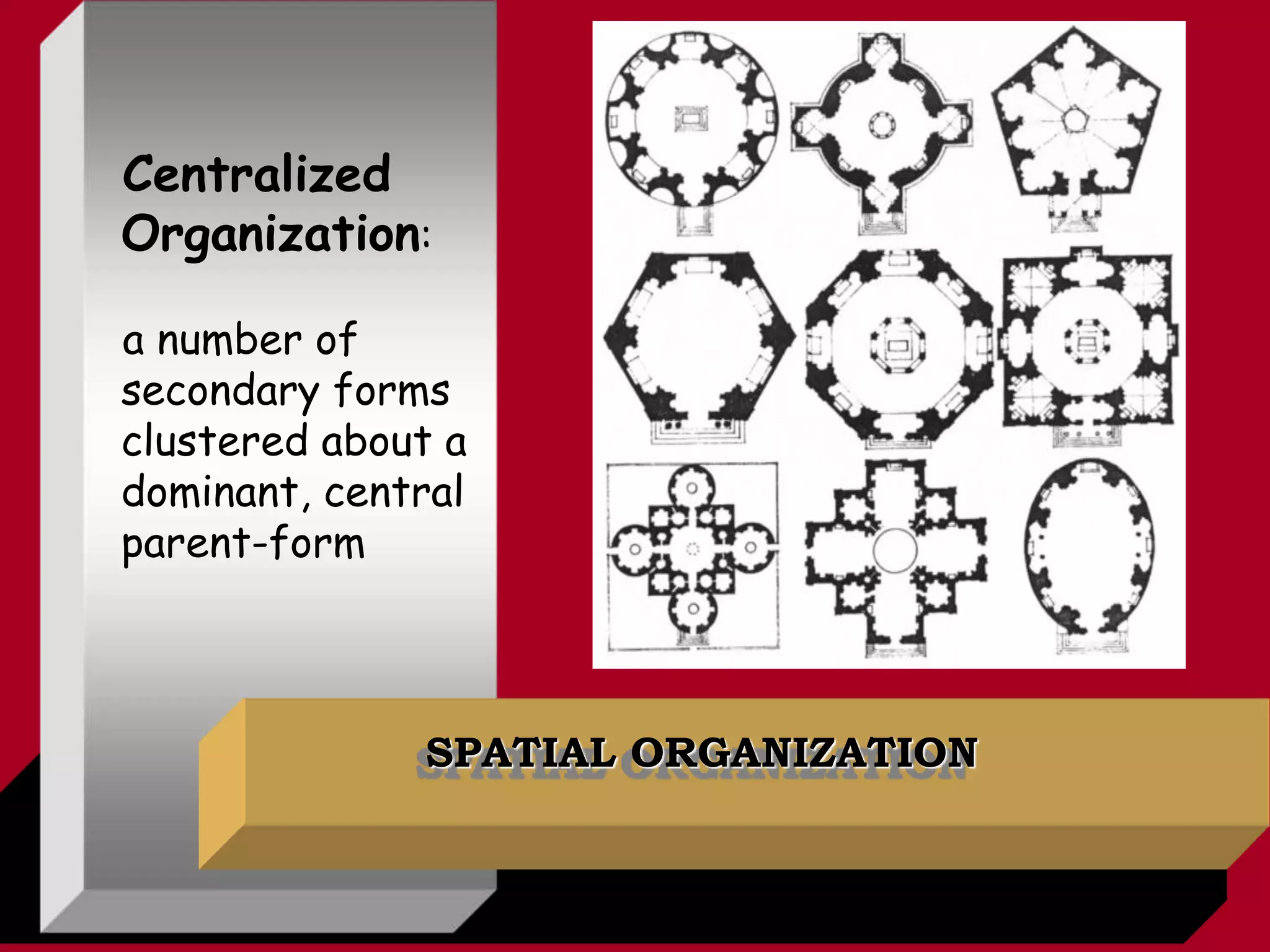 SPATIAL ORGANIZATION
Centralized
Organization:
a number of
secondary forms
clustered about a
dominant, central
parent-form
 