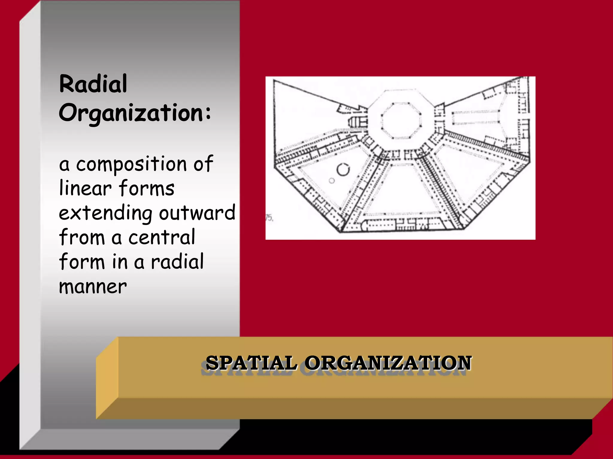 SPATIAL ORGANIZATION
Radial
Organization:
a composition of
linear forms
extending outward
from a central
form in a radial
manner
 