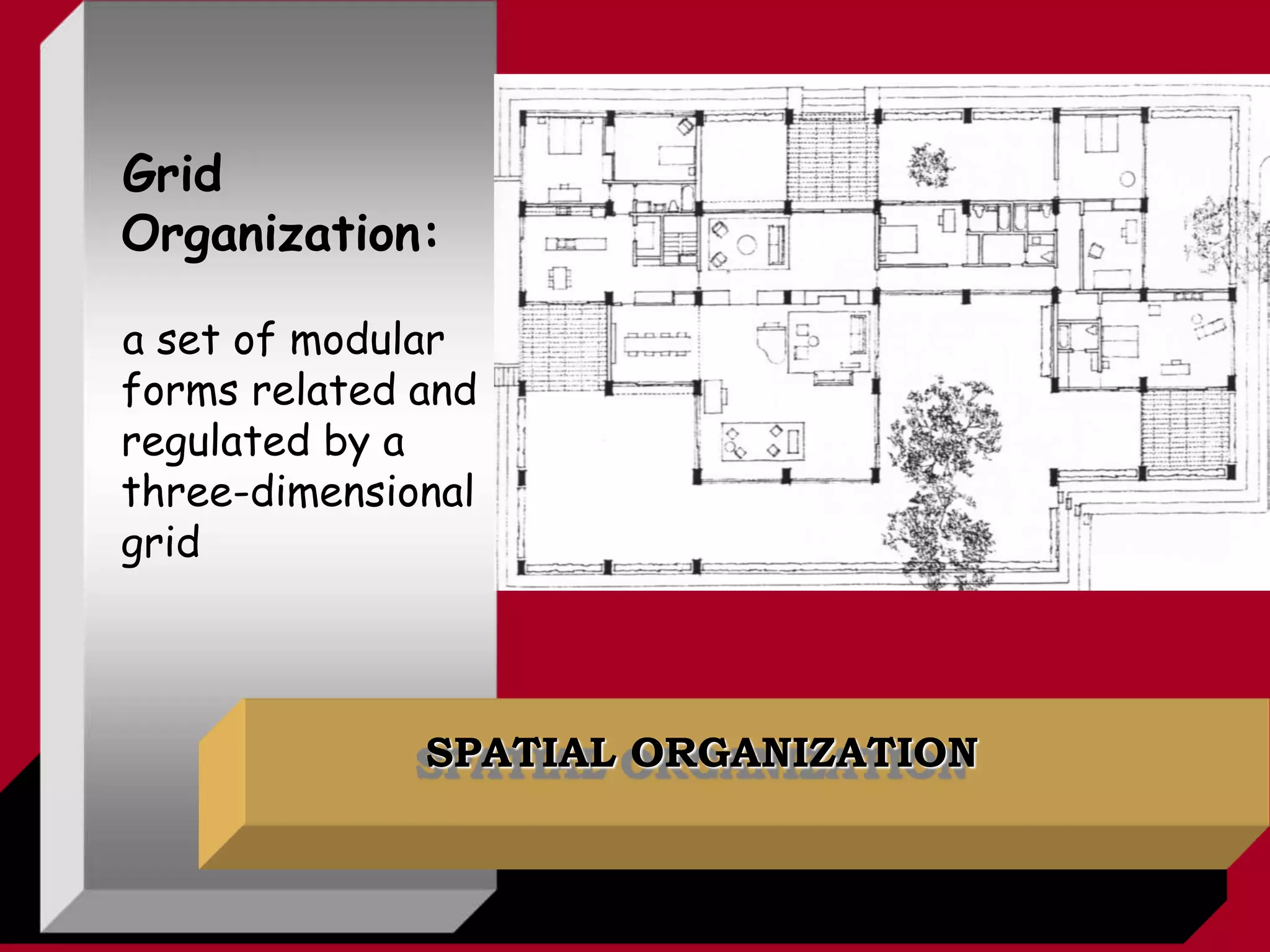 SPATIAL ORGANIZATION
Grid
Organization:
a set of modular
forms related and
regulated by a
three-dimensional
grid
 
