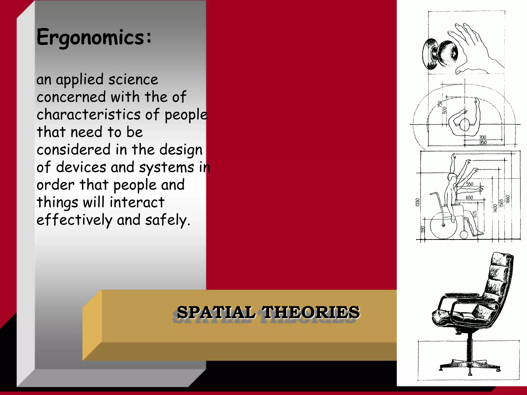 SPATIAL THEORIES
Ergonomics:
an applied science
concerned with the of
characteristics of people
that need to be
considered in the design
of devices and systems in
order that people and
things will interact
effectively and safely.
 
