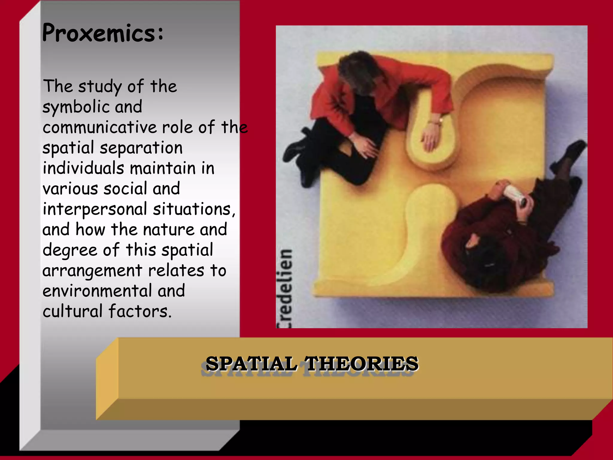 SPATIAL THEORIES
Proxemics:
The study of the
symbolic and
communicative role of the
spatial separation
individuals maintain in
various social and
interpersonal situations,
and how the nature and
degree of this spatial
arrangement relates to
environmental and
cultural factors.
 