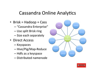 Cassandra	
  Online	
  AnalyMcs	
  
•  Brisk	
  =	
  Hadoop	
  +	
  Cass	
                                                ...